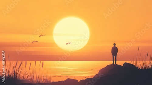 Solitary Figure Watching Sunset Over Calm Ocean