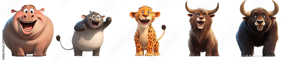 Fototapeta premium 3d wild animal character png cut out element set, transparent background 