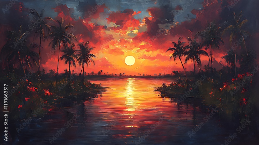 Obraz premium Tropical sunset river scene, vibrant sky, palm trees, digital art, travel