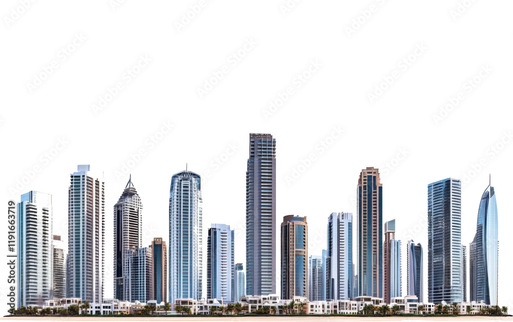 Majestic futuristic skyline of urban downtown skyscrapers, isolated on transparent white