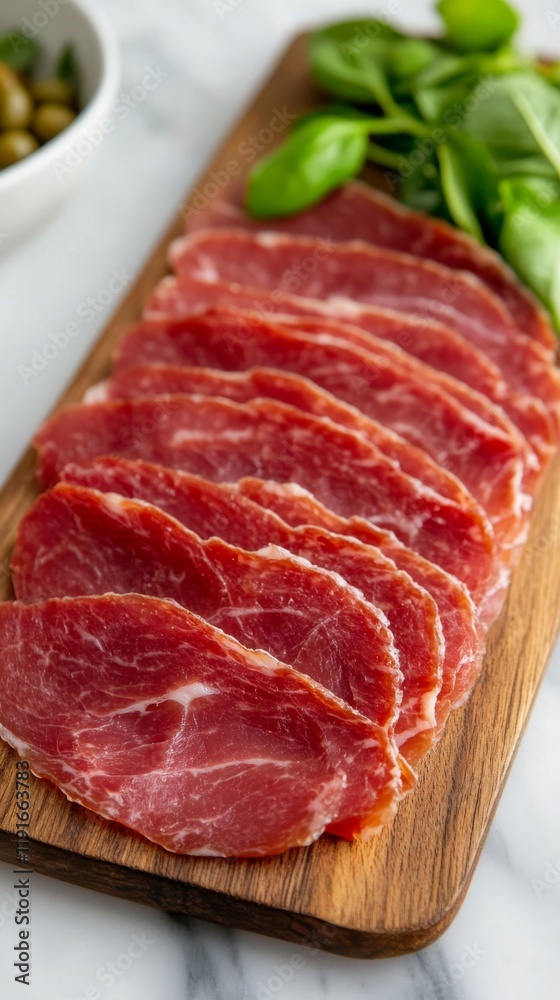 Spanish ham Iberico thinly sliced on a wooden board. High quality Spanish ham and one of the symbols of the Mediterranean diet. Spanish ham Iberico thinly sliced on a wooden board. High quality Spanish ham and one of the symbols of the Mediterranean diet.