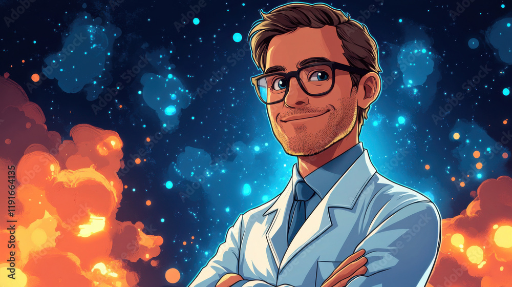 Person in a white lab coat with arms crossed, set against a vibrant, cosmic background with blue and orange nebulae and stars. Person in a white lab coat with arms crossed, set against a vibrant, cosmic background with blue and orange nebulae and stars.