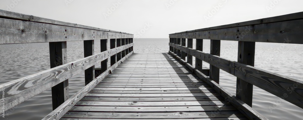 Fototapeta premium Striped monochrome wooden footbridge spanning water, bridge, stream
