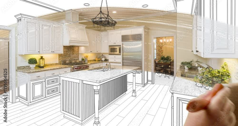 Before and After of Painter Brushing to Reveal Completed Custom Kitchen Under Pencil Sketch Drawing Plans.
