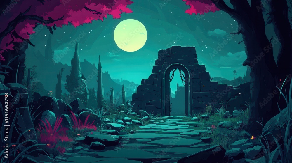 Fototapeta premium Moonlit Ruins Pathway Leading to Distant Towers