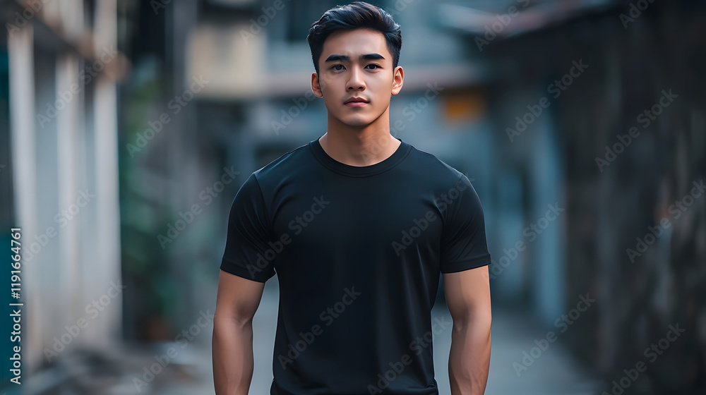 Fototapeta premium A young man stands confidently in an urban alleyway, wearing a black T-shirt.