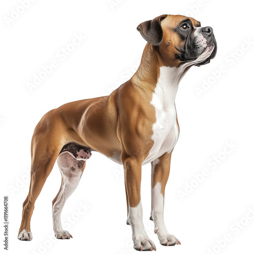 a standing boxer dog with a muscular build and a shiny coat. looking upward against a white background  dog's strong physique and playful demeanor. making it suitable for pet-related content or advert photo