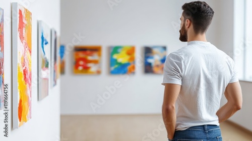 Man in art gallery admiring abstract paintings on wall