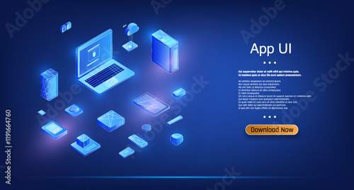 digital workspace showcases a sleek laptop surrounded by various app interface elements. The background is dark, enhancing the glowing effect of the components in blue tones