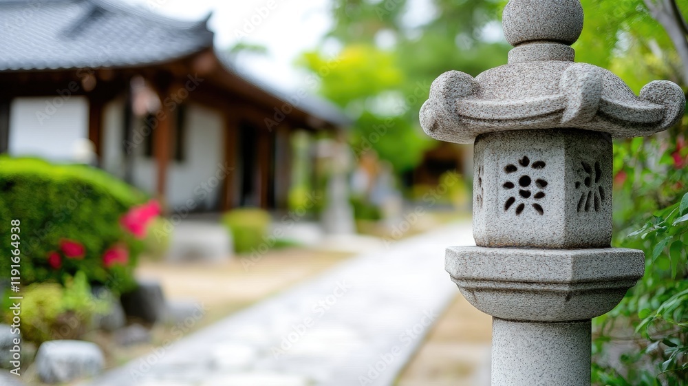 Traditional lantern and pathway in tranquil, historical garden setting Traditional lantern and pathway in tranquil, historical garden setting