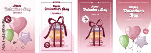 Valentine's Day cards with macaroni with a bow. Romantic, sweet, 14 February concept. Vector illustrations