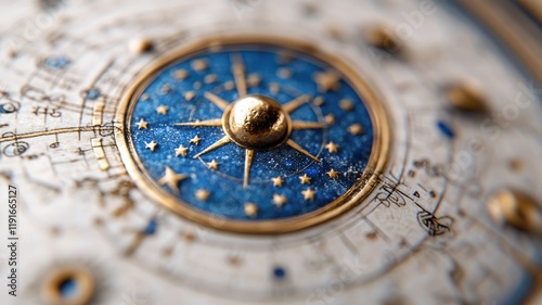 Antique astrolabe with detailed celestial map, gold accents