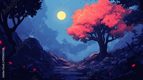 A solitary crimson tree graces a moonlit rocky path photo