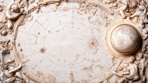 Ornate 3D map with detailed compass rose and globe