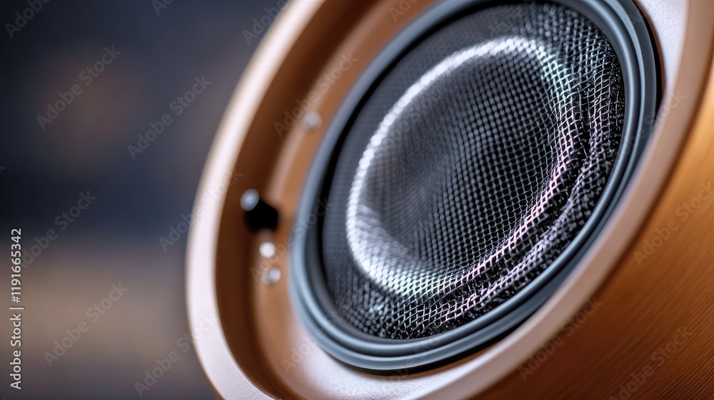 Close-up of modern speaker with metal mesh cover, highlighting its intricate design Close-up of modern speaker with metal mesh cover, highlighting its intricate design