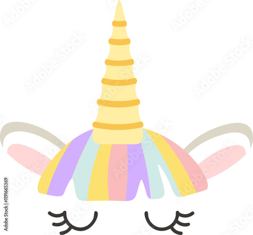 Adorable unicorn face featuring closed eyes, a shimmering golden horn, and a vibrant, colorful mane exuding joy and magic, ideal for children s designs and whimsical illustrations