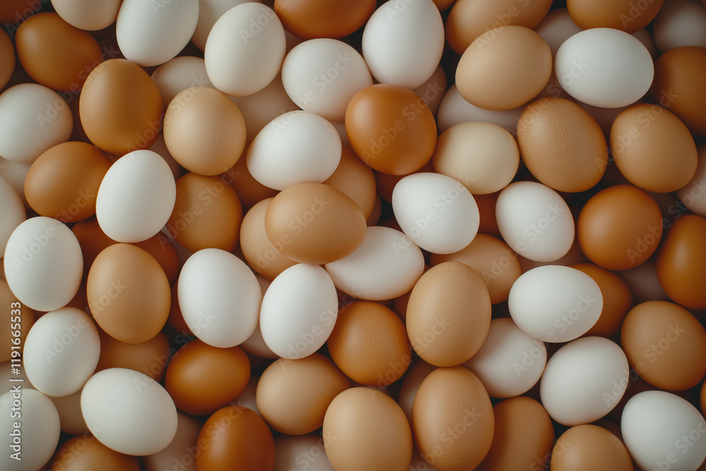Top view of a large pile of fresh brown and white eggs mixed together, creating a natural and textured composition.. Top view of a large pile of fresh brown and white eggs mixed together, creating a natural and textured composition..