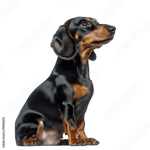 a detailed illustration of a sitting dachshund with a glossy black and tan coat. showcasing its distinctive long body and short legs. emphasizing its playful and alert demeanor the background is plain photo