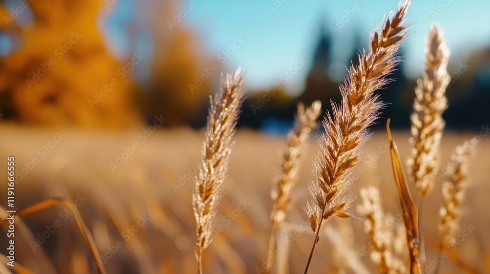 Fototapeta premium Close-up of golden wheat stems in sunny field