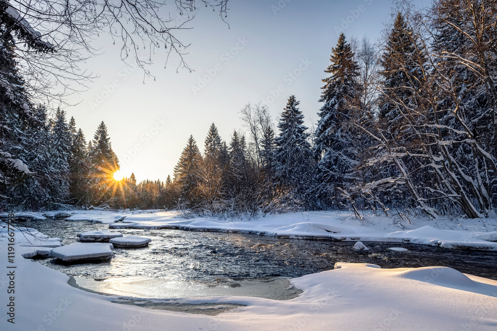 Snowy fir-trees in forest and river in winter. Beautiful landscape. Composition of nature. Karelia, Russia.