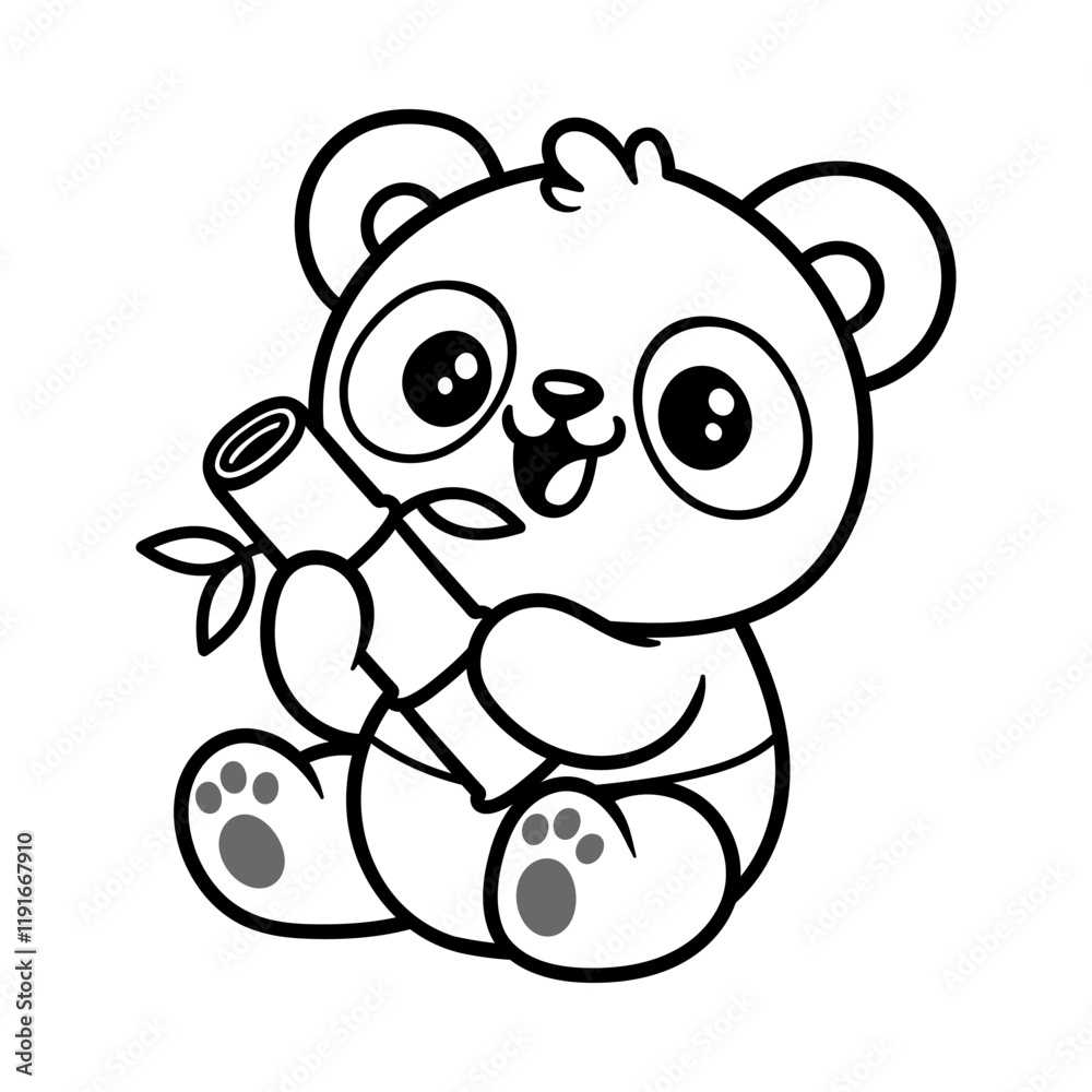 Obraz premium fun cute baby panda hold a bamboo cartoon character isolated drawing line style sketch classic vintage design illustration