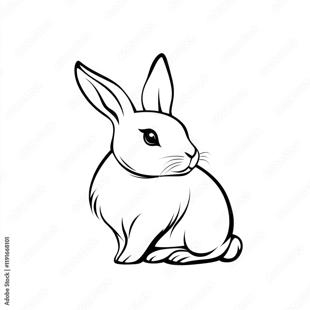 Obraz premium Cute bunny rabbit sitting, line art, white background, children's book illustration