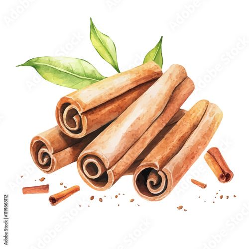 A watercolor vector of a cinnamon stick, isolated on a white background. Cinnamon vector.
