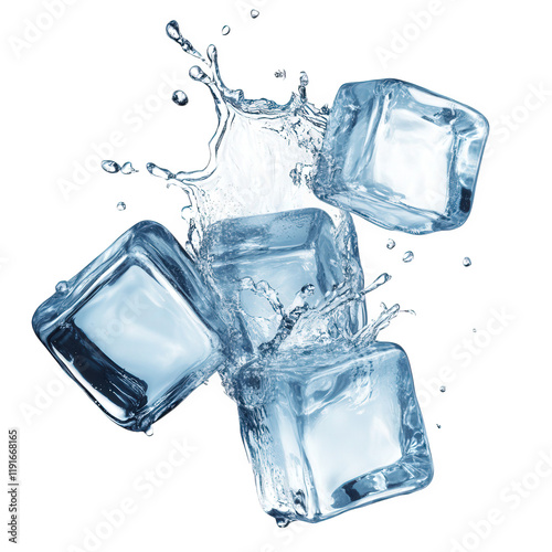 four ice cubes splashing into clear water. creating a dynamic visual effect the focus on the ice and water conveys a sense of freshness and coolness. often associated with beverages or summer themes t photo