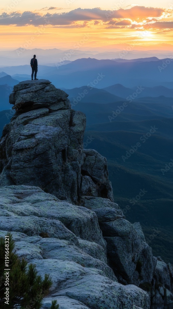 Fototapeta premium A lone hiker standing on a rocky outcrop overlooking a vast mountain range at sunset
