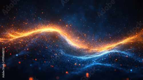 Mesmerizing digital artwork of a wave-like pattern composed of countless tiny particles, with a striking contrast between glowing orange and cool blue hues, creating a visually captivating and dynamic