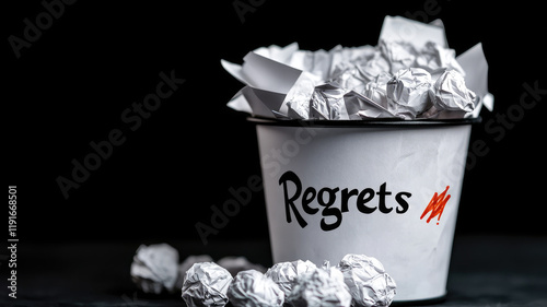 Trash bin filled with crumpled paper labeled 