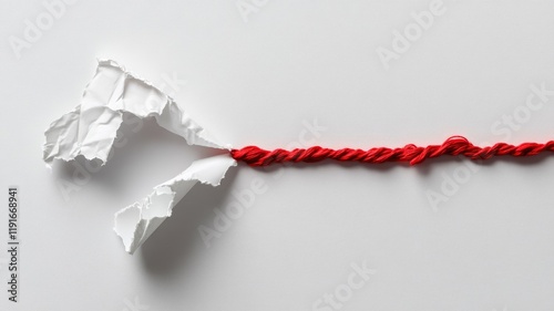 Frayed red rope entangled in ripped white paper, symbolizing conflict and struggle