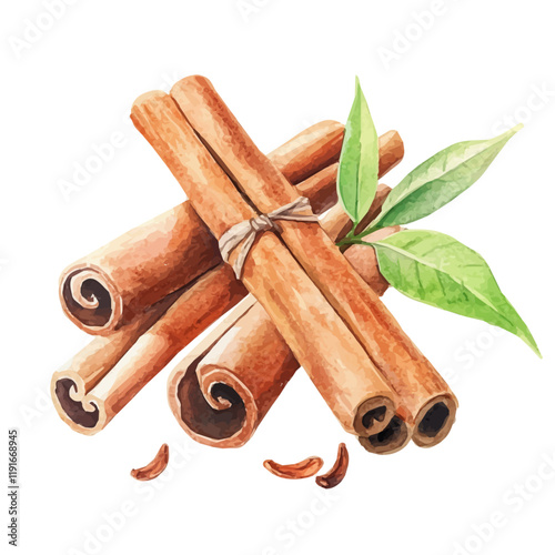 A watercolor clipart of a cinnamon stick, isolated on a white background. Cinnamon vector.
