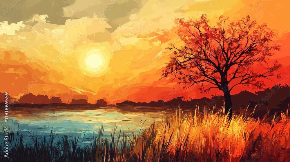 Obraz premium Sunset Landscape Featuring a Solitary Tree by a Lake