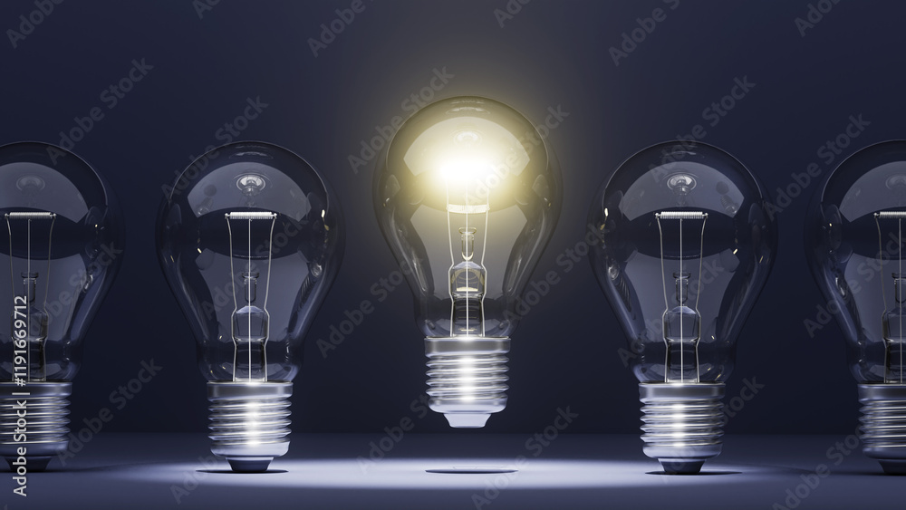 A single glowing bulb in a line illustrates the idea concept of uniqueness and standing out in a career. A single glowing bulb in a line illustrates the idea concept of uniqueness and standing out in a career.