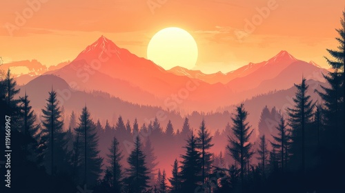 Sunset Over Majestic Mountains and Silhouetted Forest