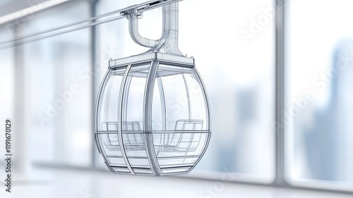 Blueprint of modern cable car with detailed lines and seats in bright room