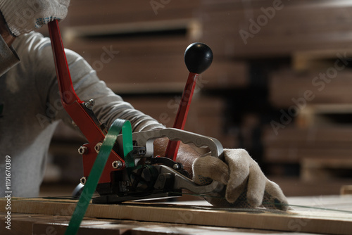 Worker fixes packages with tension belt and hand tool wearing protective gloves. Manufacturing process - close-up. photo