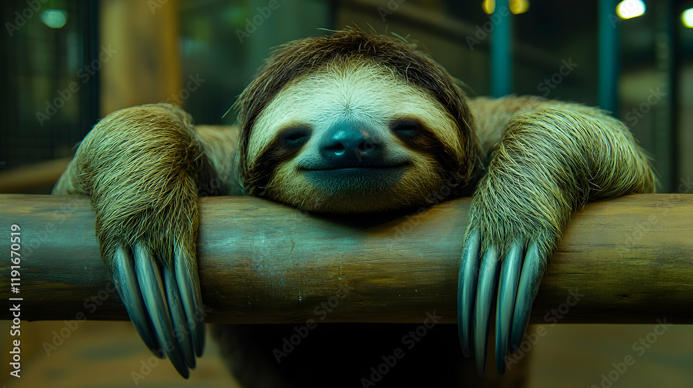 Fototapeta premium Serene sloth resting peacefully on a branch, showcasing its long claws and soft fur. A captivating close-up portrait.
