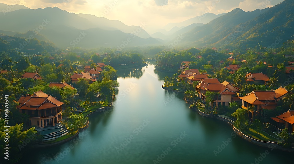 Fototapeta premium Sunrise over tranquil Vietnamese village, river, mountains