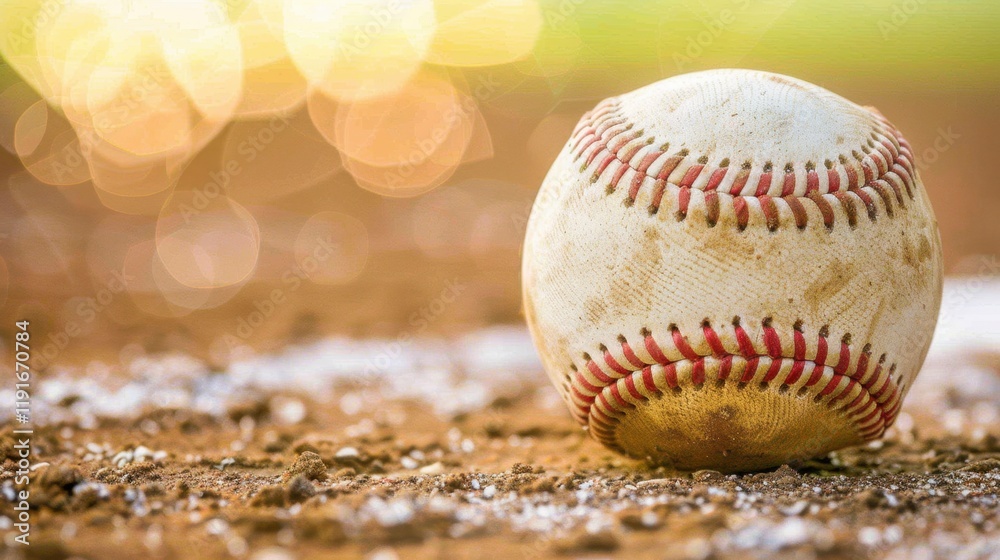 close up of worn baseball resting on dirt field, showcasing its texture and details. background features soft bokeh effect, enhancing nostalgic feel of sport close up of worn baseball resting on dirt field, showcasing its texture and details. background features soft bokeh effect, enhancing nostalgic feel of sport