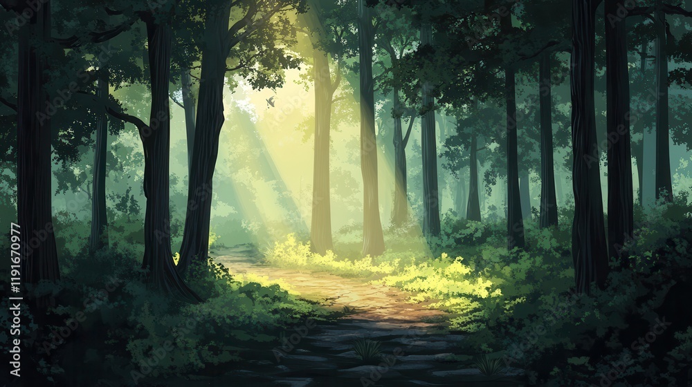 Obraz premium Sunlit Path Through A Lush Green Forest