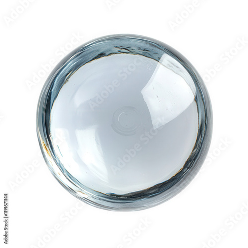 a clear. round glass object. resembling a paperweight or decorative sphere its smooth surface reflects light. creating subtle highlights and shadows. emphasizing its transparent nature the object appe