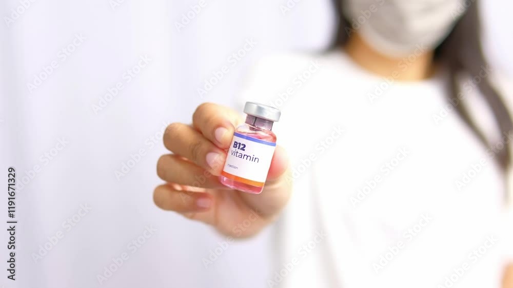 a woman wearing a mask holding a B12 liquid vitamins in a vial. health and medical concepts