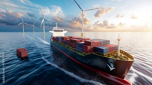 wind powered ship at sea, symbolizing green energy and sustainable transport. vessel is surrounded by wind turbines, showcasing innovation photo