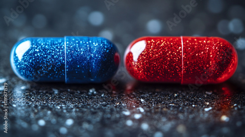 A thought-provoking choice between the red and blue pills symbolizing the tension between truth and illusion, belief and reality, right and wrong, with a blurred caption space for interpretation

