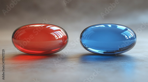 A thought-provoking choice between the red and blue pills symbolizing the tension between truth and illusion, belief and reality, right and wrong, with a blurred caption space for interpretation

 photo