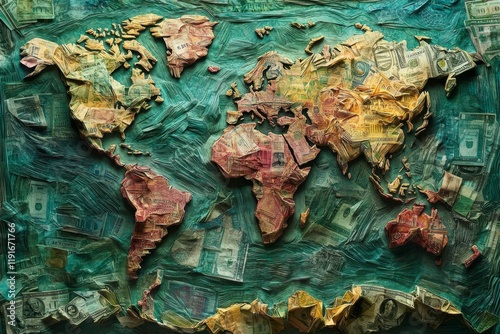 Map crafted from various currencies showcases global geography through artistic representation of continents and countries using banknotes
