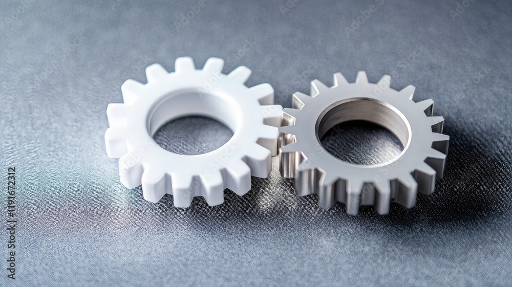 Two interlocking white gears on gray background Two interlocking white gears on gray background