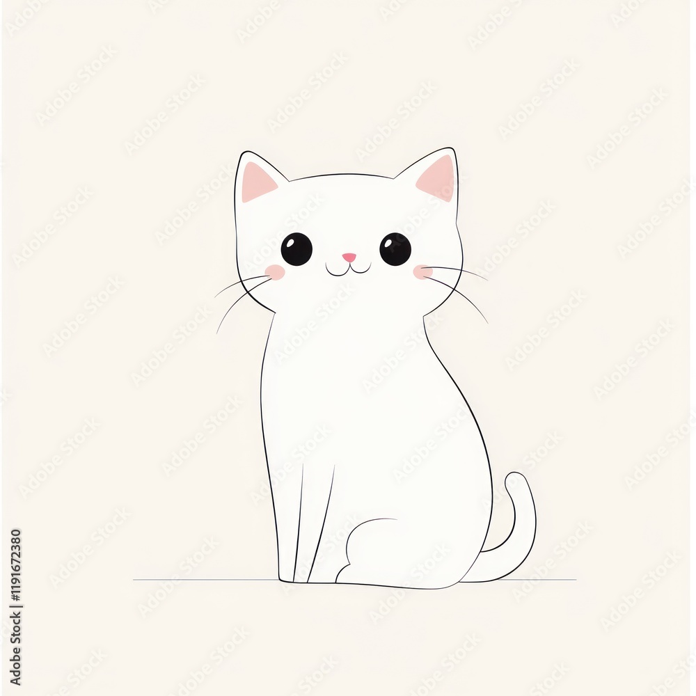 Obraz premium Adorable white kitten sitting, simple background, pet illustration, greeting card design